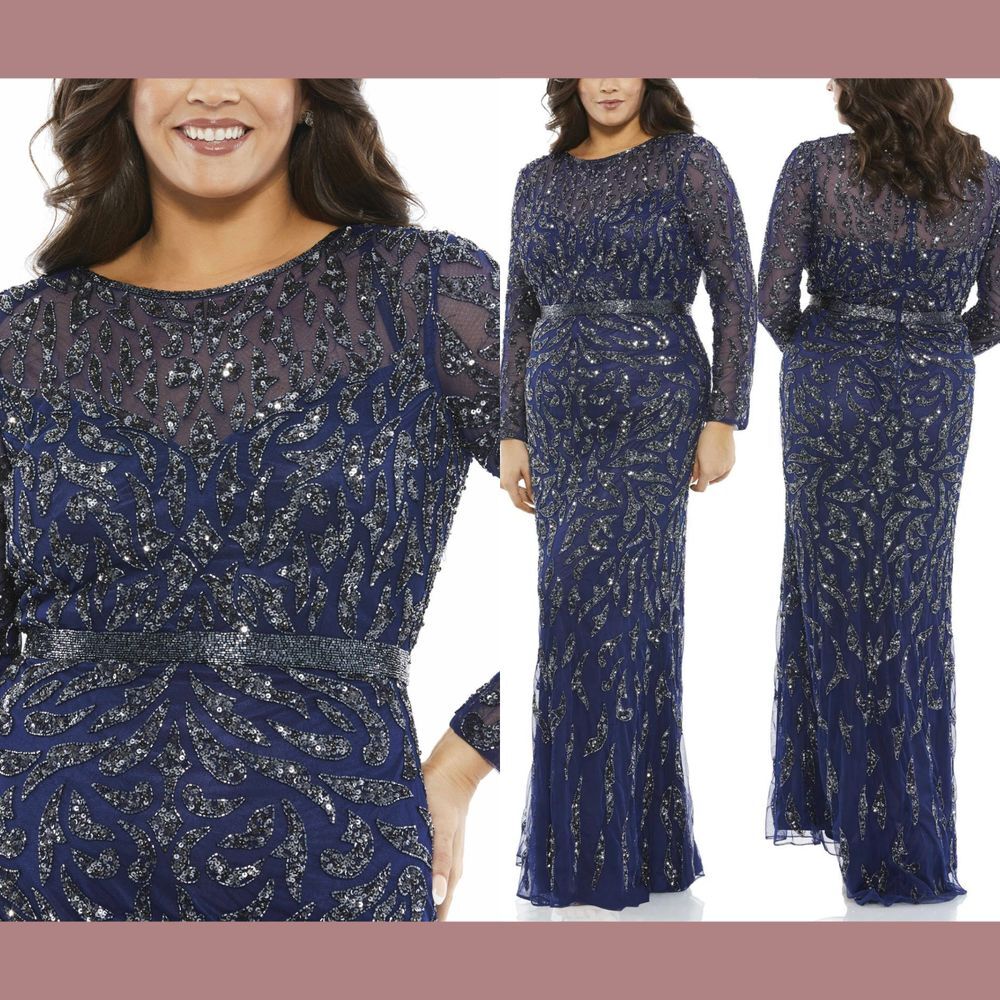 NWT Mac Duggal [ 22W ] Embellished Long Sleeve‎ Illusion Column Gown Blue Q810
